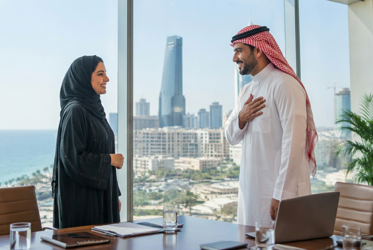 Saudi businessman greeting a Saudi businesswoman with his hand on his heart in a Jeddah office overlooking the Red Sea